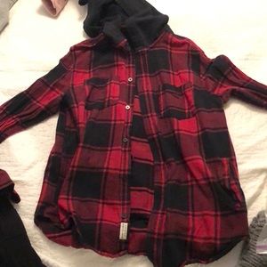 red and black flannel with a hood